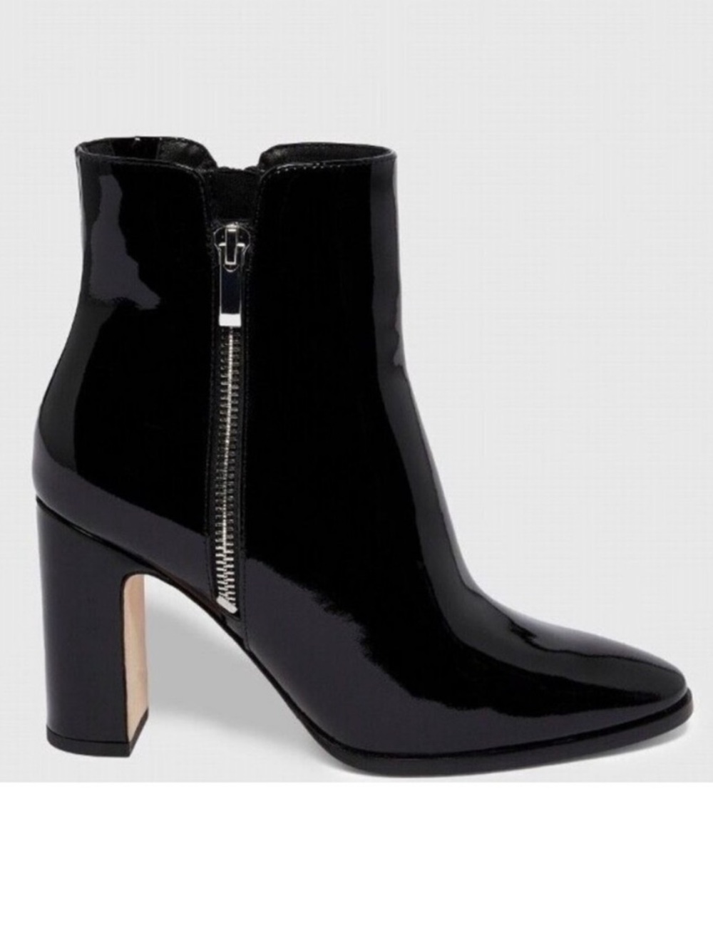 PAIGE Black Patent Leather Block Heel Ankle Boot with dust bag